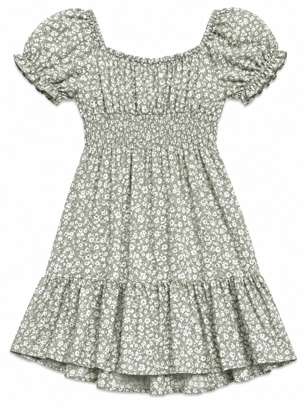 Hollister Sage Green Floral Smocked Puff Sleeve Dress